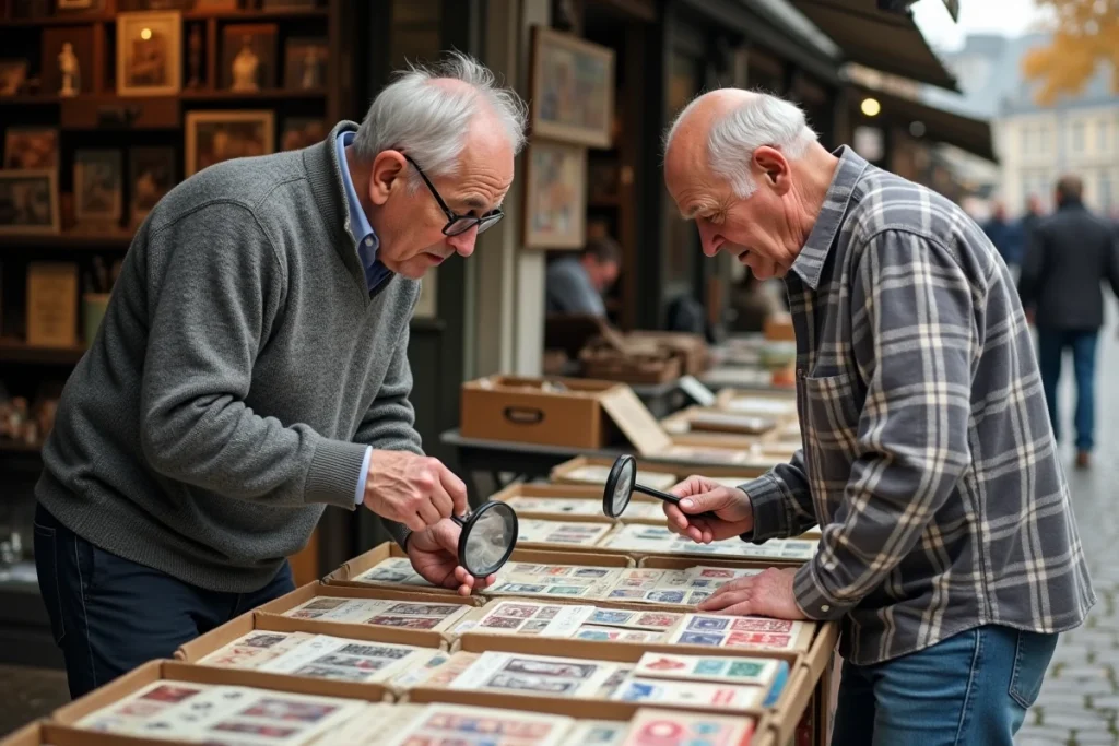 Deux collectionneurs discutant de philatélie à un stand de marché aux puces en plein air