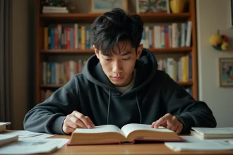 Jeune homme comparant des volumes de manga en version française et version originale japonaise sur un bureau en bois encombré