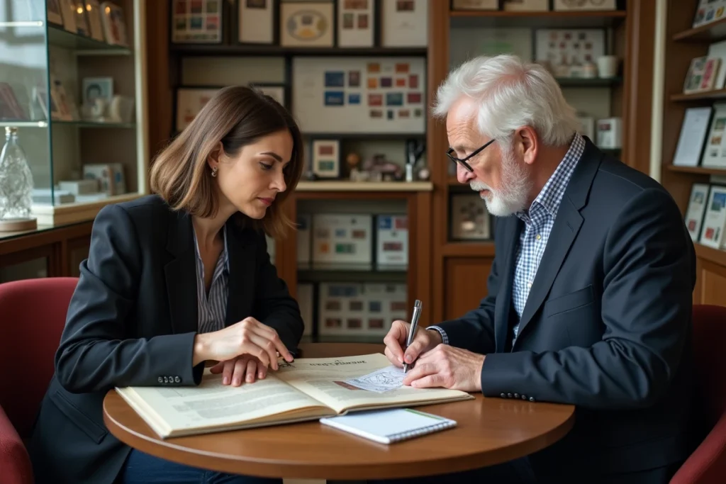 Consultation philatélique entre une cliente et un expert dans une boutique spécialisée en timbres