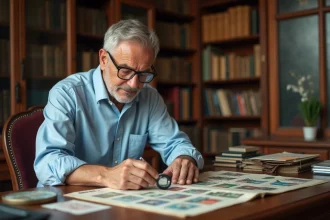 Expert philatéliste examinant des timbres anciens à la loupe dans son bureau spécialisé