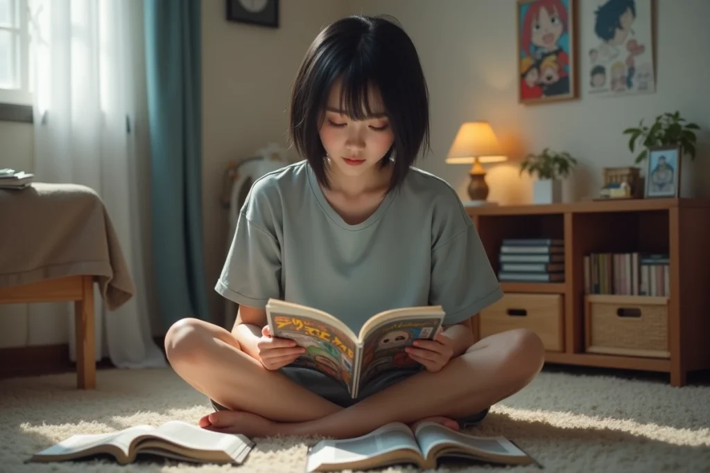 Jeune femme lisant attentivement un manga officiel entourée de plusieurs volumes épars sur le sol de sa chambre