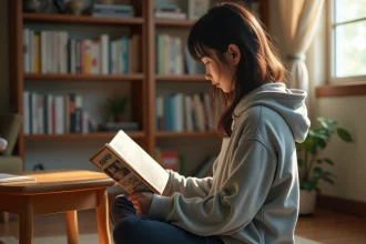Jeune femme lisant un manga dans un appartement japonais, entourée de volumes de bande dessinée sur des étagères en bois