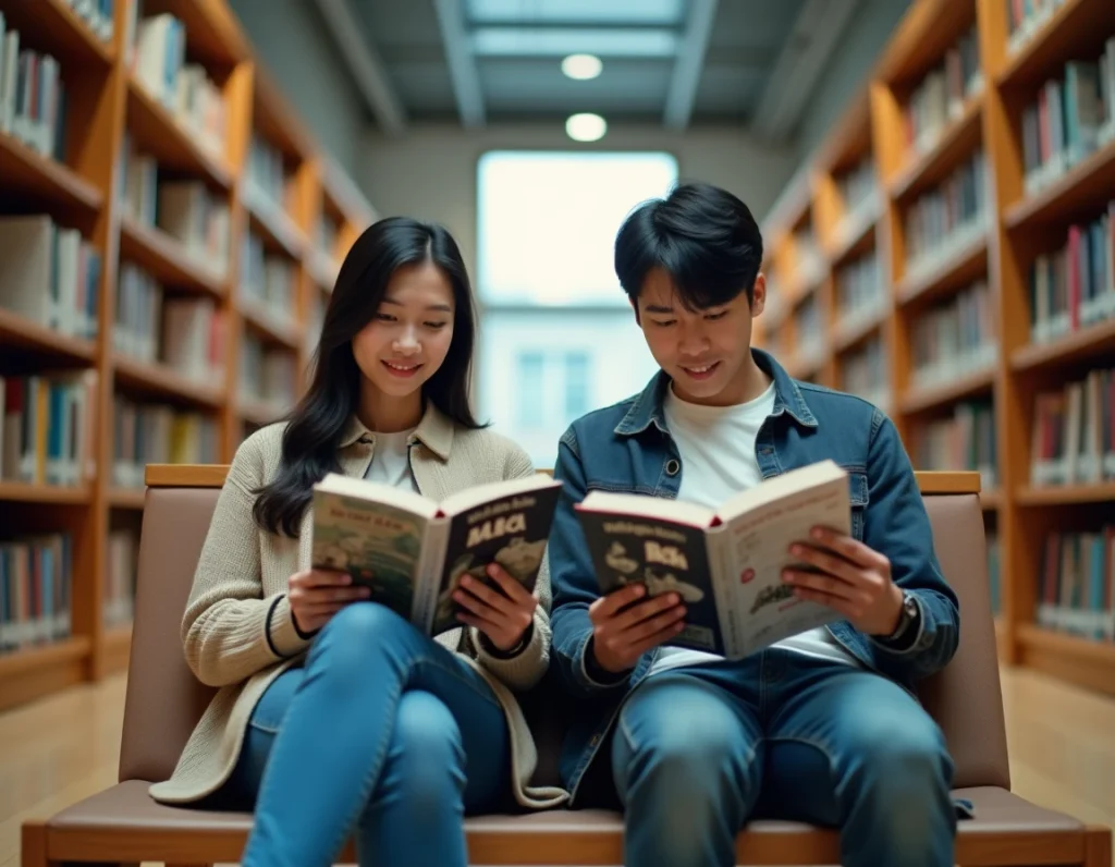 Deux jeunes adultes lisant des volumes de manga côte à côte dans une bibliothèque publique moderne avec de grandes étagères en bois