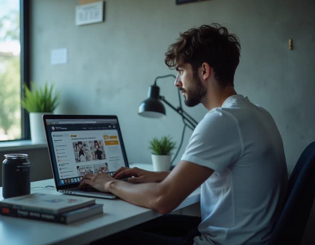 Homme lisant un scan de manga en ligne sur laptop dans un bureau minimaliste moderne avec des volumes empilés sur le bureau
