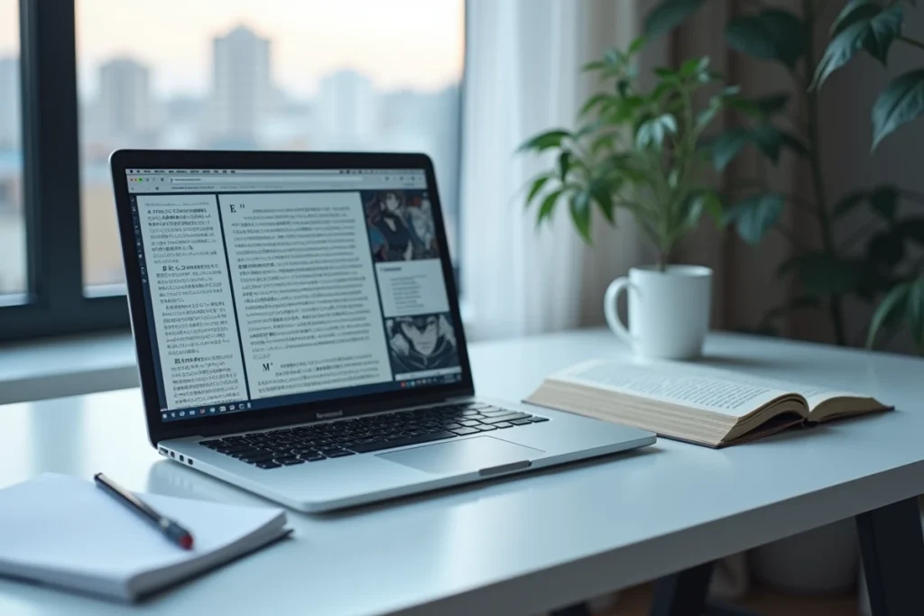 Écran d'ordinateur affichant un scan de manga en ligne à côté d'un volume physique officiel sur un bureau moderne