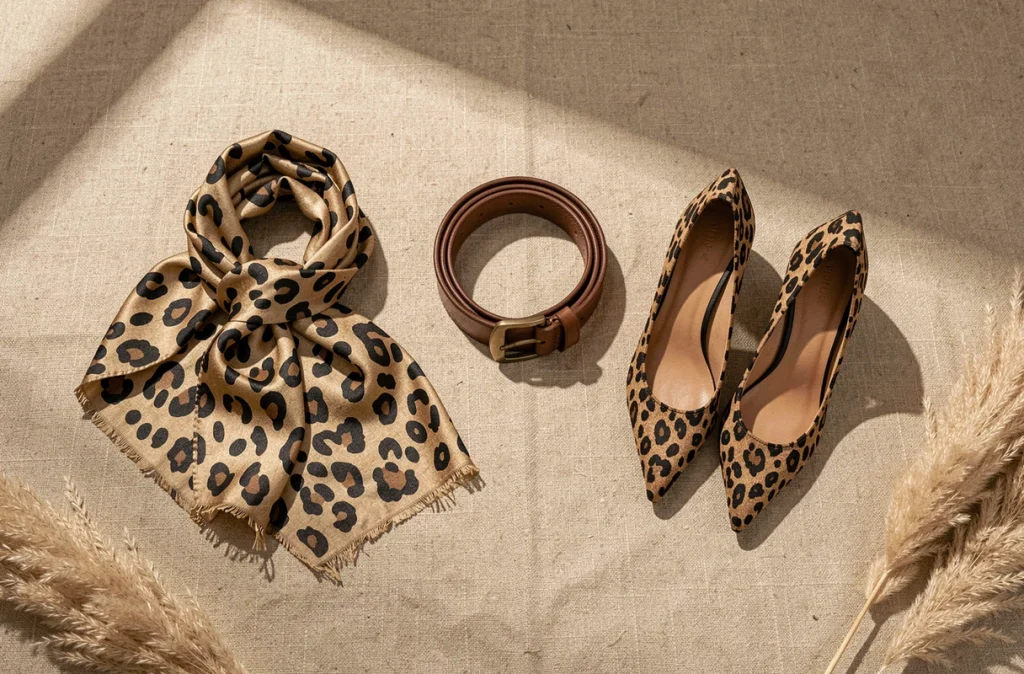 Plat posé éditorial d'accessoires imprimés léopard : foulard en soie, ceinture en cuir et mules à talon