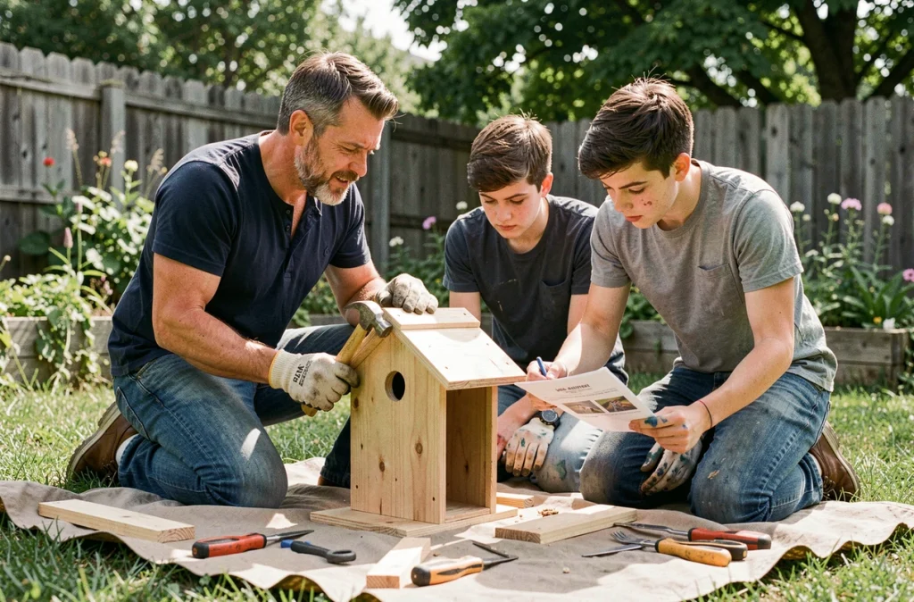 Père et adolescents construisant ensemble un nichoir en bois dans le jardin lors d'une activité familiale créative