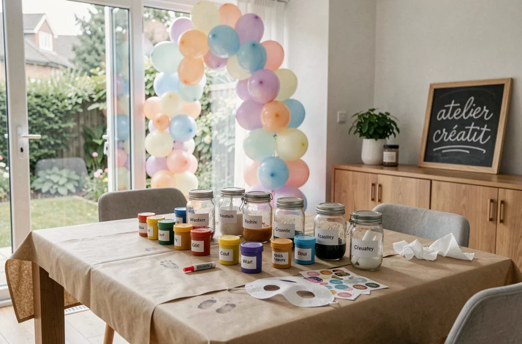 Coin activités créatives pour anniversaire enfant avec peintures, masques et arche de ballons faits maison