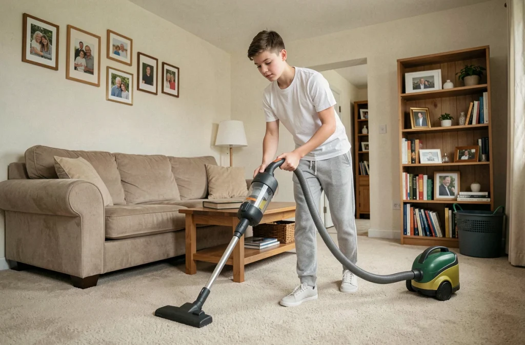 Adolescent qui passe l'aspirateur dans le salon, participation aux tâches ménagères en famille