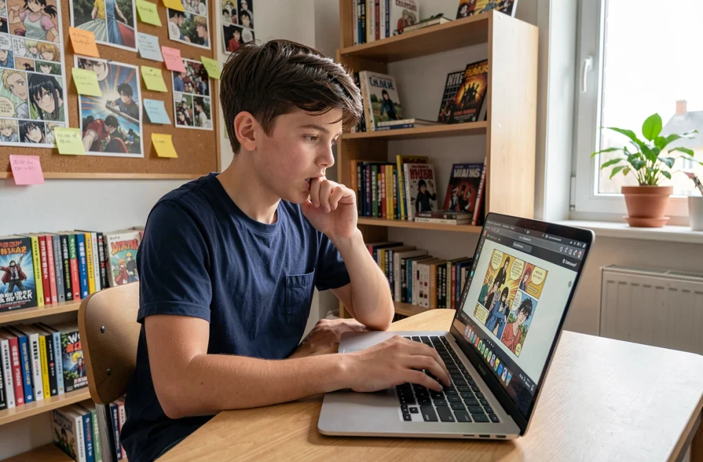 Adolescent recherchant un webtoon sur son ordinateur portable dans sa chambre d'étudiant