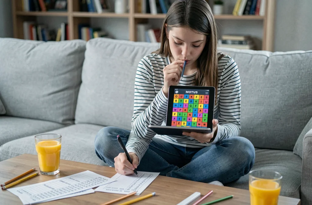 Adolescente concentrée qui joue au Motus en ligne sur une tablette avec une feuille de score lors d'un tournoi en famille