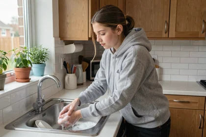 Adolescente qui fait la vaisselle dans une cuisine familiale moderne, tâche ménagère quotidienne