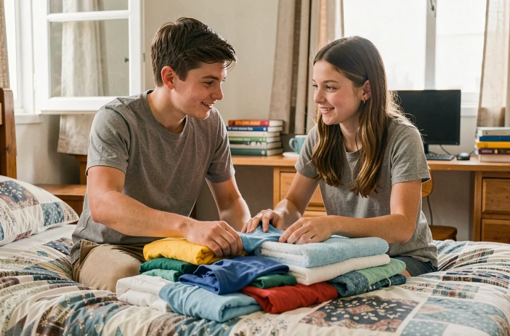 Deux adolescents qui plient le linge ensemble dans une chambre, responsabilisation aux tâches ménagères