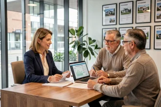 Agent immobilière présentant une estimation de bien à un couple de propriétaires dans une agence moderne