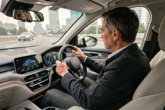 Conducteur utilisant les aides à la conduite sur l'écran central d'une voiture moderne en milieu urbain