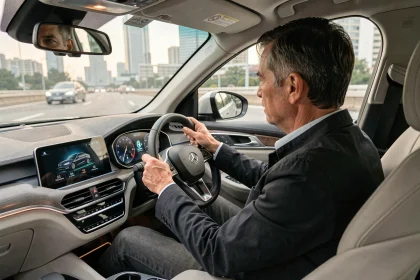 Conducteur utilisant les aides à la conduite sur l'écran central d'une voiture moderne en milieu urbain
