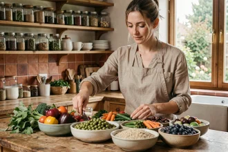 Femme préparant un repas équilibré avec des légumes frais, légumineuses et céréales complètes pour favoriser la santé digestive