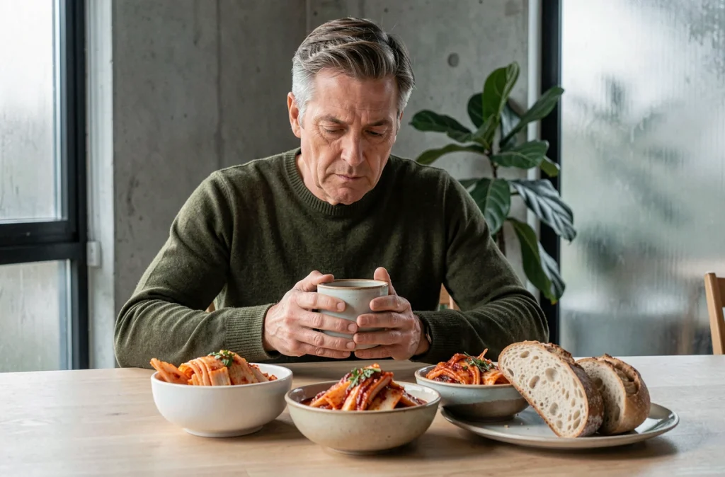 Homme attablé devant des aliments fermentés comme le kimchi, le kéfir et le pain au levain, bénéfiques pour le microbiote intestinal