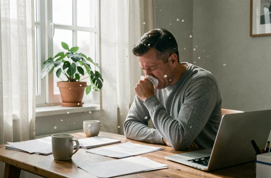 Homme qui éternue à cause d'une allergie au pollen dans un bureau à domicile avec particules visibles dans l'air