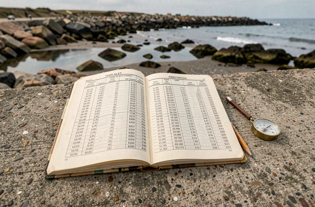 Almanach nautique ouvert sur un mur en béton à Anglet montrant les tableaux de prédiction des marées