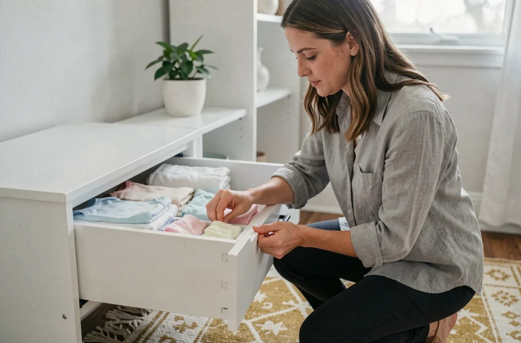 Femme organisant les vêtements de nouveau-né dans un meuble rangement d'une chambre bébé aménagée