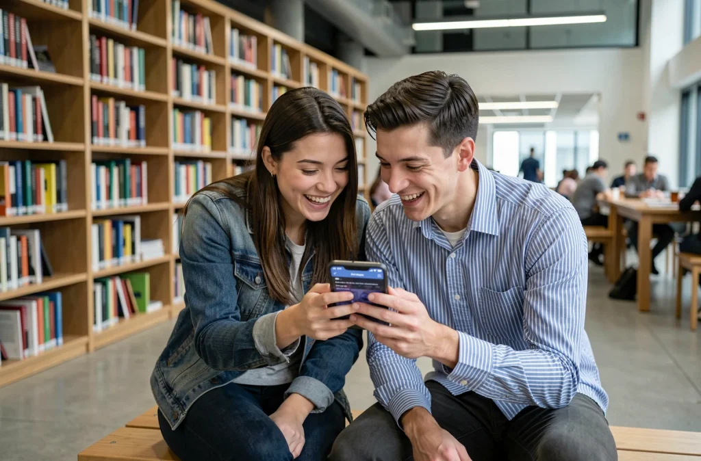 Deux amis explorant ensemble une application de webtoon dans une bibliothèque moderne