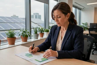 Femme analyste financière révisant des documents d'investissement durable dans un bureau moderne avec vue sur des panneaux solaires urbains