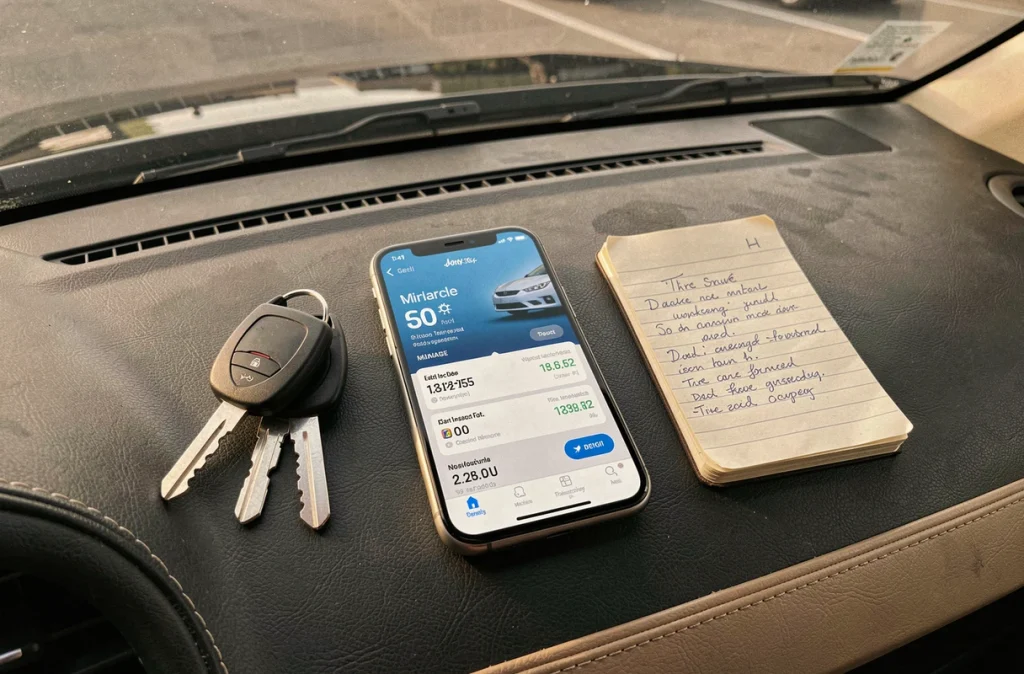 Gros plan d'un smartphone affichant une application d'entretien automobile sur le tableau de bord d'une voiture avec des clés et des notes de service