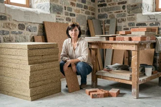 Architecte examinant des matériaux écologiques comme le chanvre et le liège lors d'un chantier de rénovation