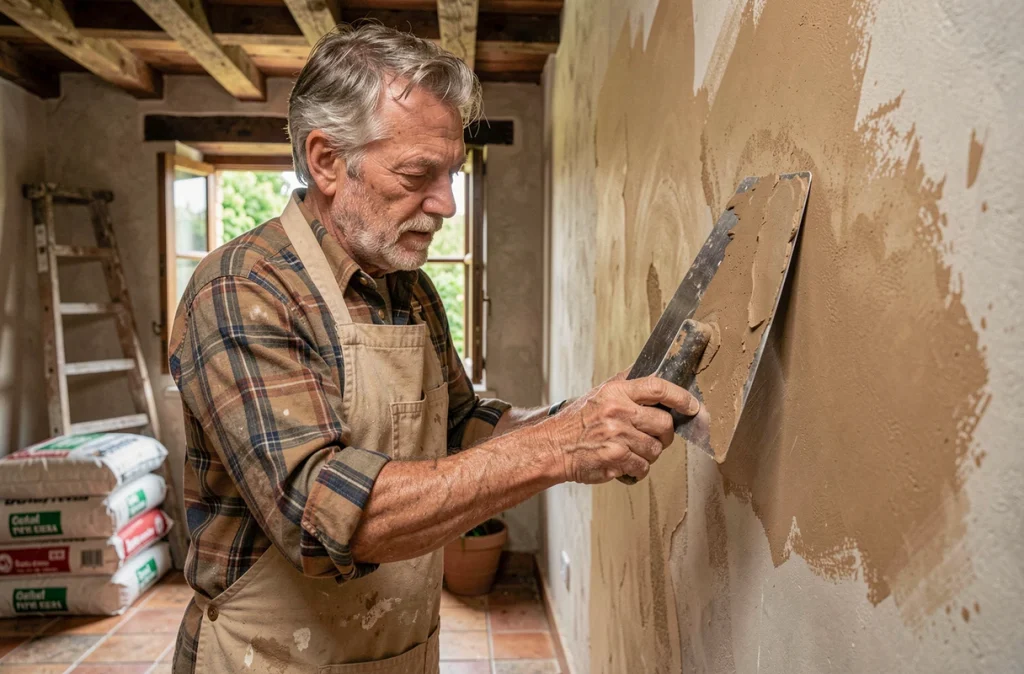 Artisan appliquant un enduit en argile naturelle sur un mur intérieur lors d'une rénovation écologique