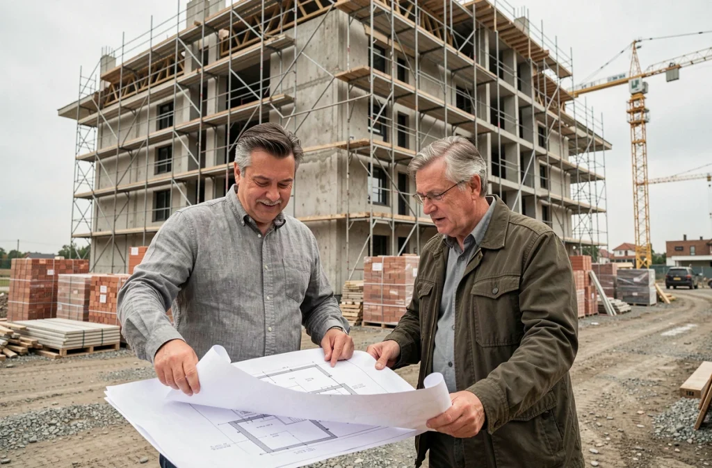 Deux associés examinant des plans architecturaux devant un immeuble résidentiel en construction pour un projet de crowdfunding immobilier