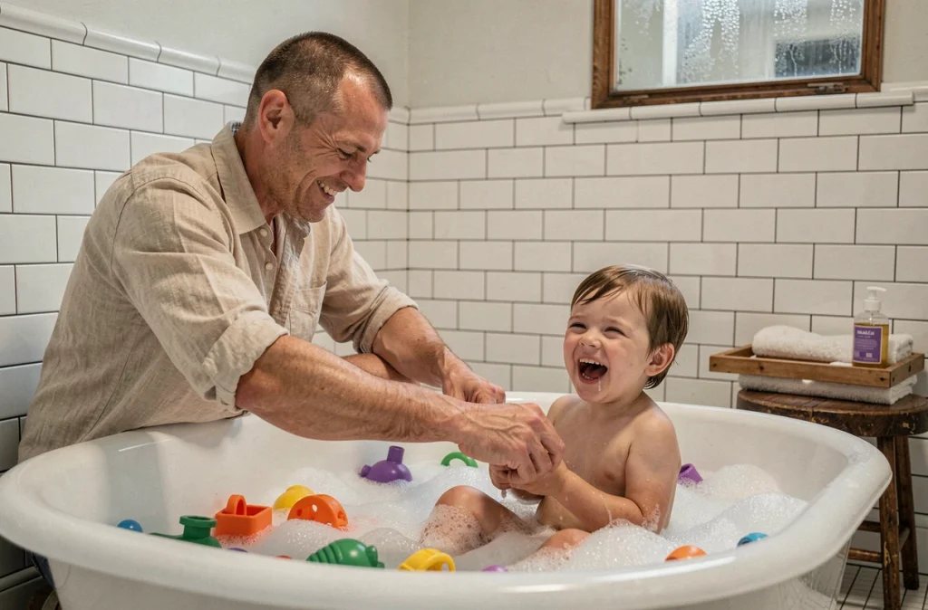 Père donnant le bain à son enfant dans une salle de bain cosy, routine apaisante du soir avant le sommeil