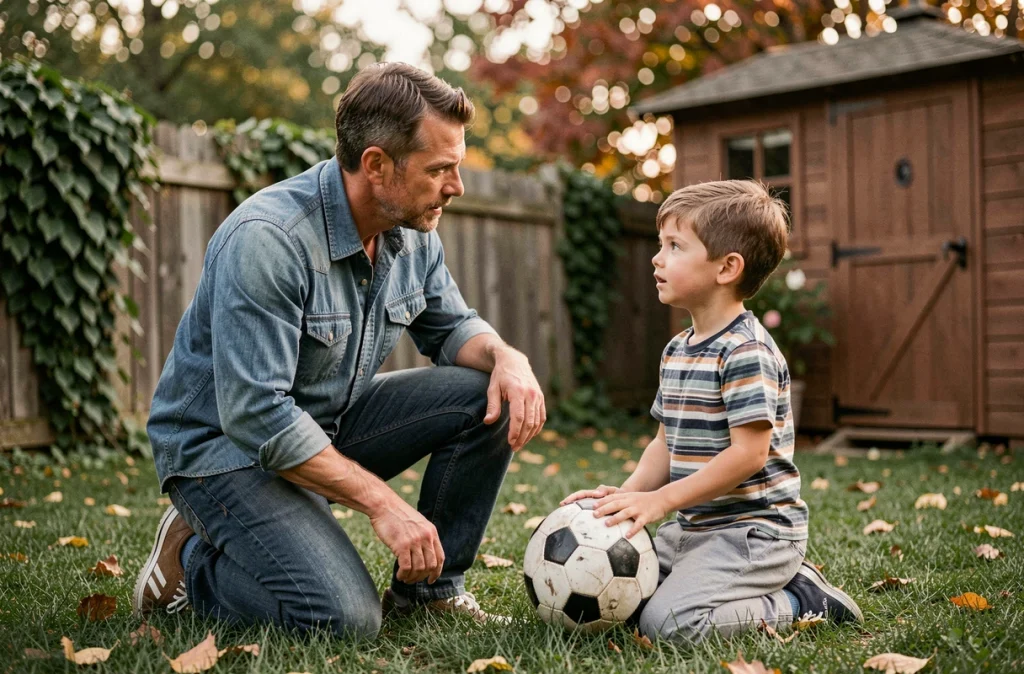 Beau-père en conversation sincère avec un jeune garçon dans le jardin, symbolisant l'écoute et la confiance en famille recomposée