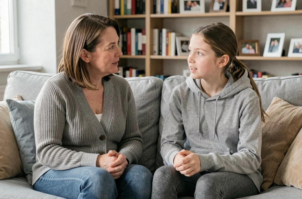 Belle-mère et adolescente en discussion ouverte sur un canapé, illustrant le dialogue dans une famille recomposée