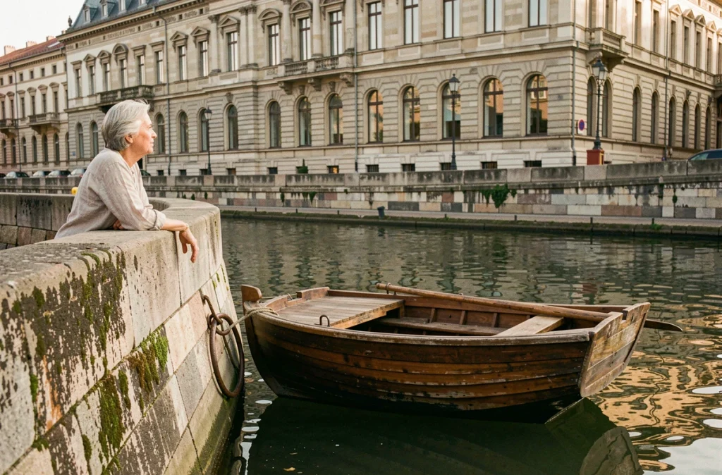 Berge urbaine du Danube avec femme observant le fleuve depuis un quai en pierre historique dans une ville européenne
