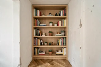 Bibliothèque sur-mesure en chêne clair installée dans une alcôve étroite d'un appartement parisien avec parquet en chevrons