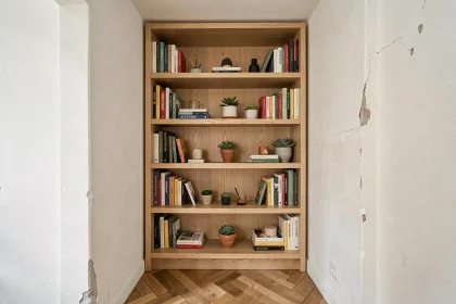 Bibliothèque sur-mesure en chêne clair installée dans une alcôve étroite d'un appartement parisien avec parquet en chevrons