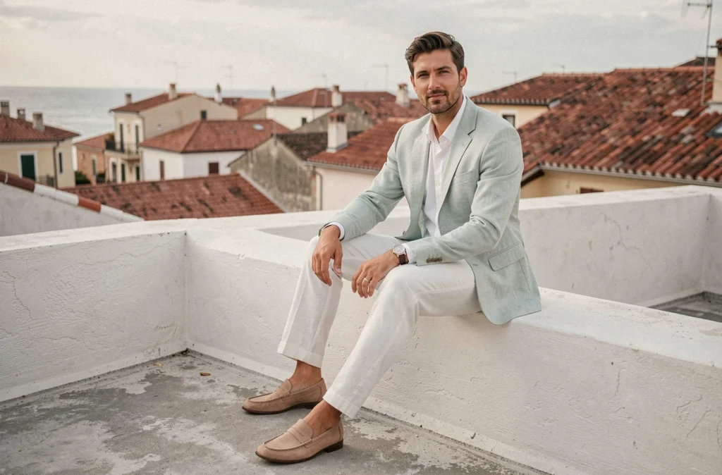 Homme en blazer lin vert menthe assis sur une terrasse méditerranéenne blanche, mode homme collection printemps-été pastel