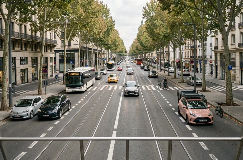 Vue aérienne d'un boulevard urbain animé avec des véhicules électriques, un bus électrique et des vélos cargo en circulation