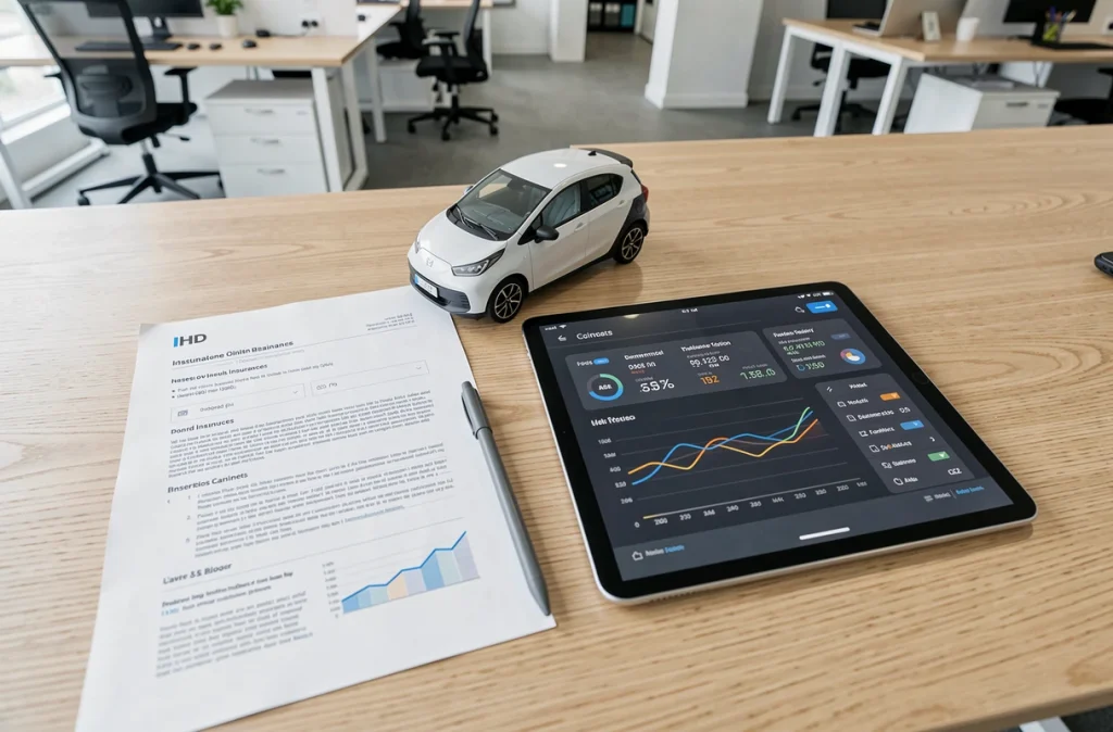 Vue aérienne d'un bureau avec contrat d'assurance auto, modèle de voiture électrique et tablette affichant des données télématiques