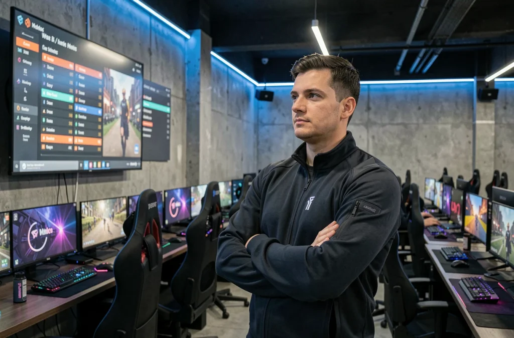 Homme adulte dans un café gaming ou salle esports regardant des statistiques de joueurs sur un grand écran mural