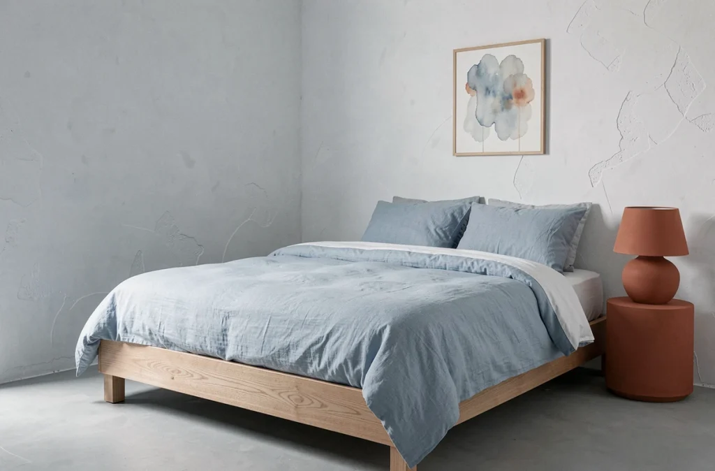 Chambre minimaliste avec literie en lin bleu pâle et palette de couleurs apaisantes