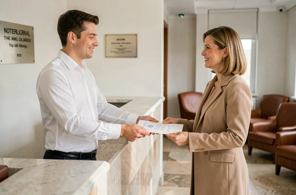 Clerc de notaire remettant un document officiel scellé à une cliente lors d'une transaction immobilière