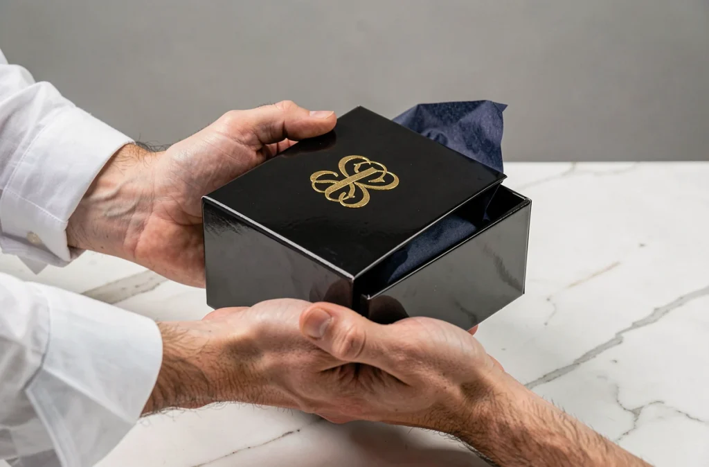 Mains d'un designer tenant un coffret noir gaufré or symbolisant une identité de marque luxe