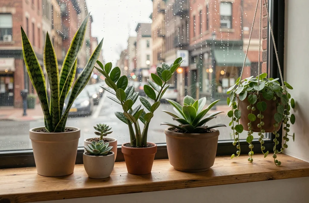 Collection de plantes d'intérieur faciles d'entretien sur un rebord de fenêtre avec vue sur la ville sous la pluie