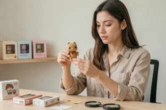 Collectionneuse inspectant de près un Labubu pour vérifier son authenticité à l'aide d'une loupe sur un bureau en bois