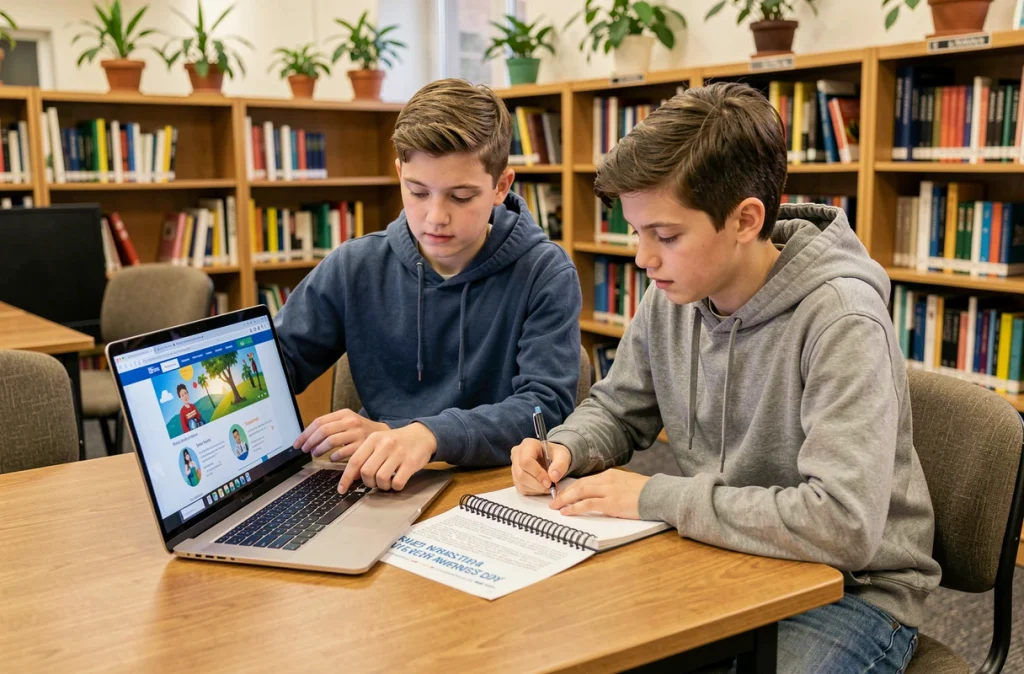 Deux collégiens travaillant ensemble sur un projet pédagogique autour des journées mondiales dans une bibliothèque scolaire
