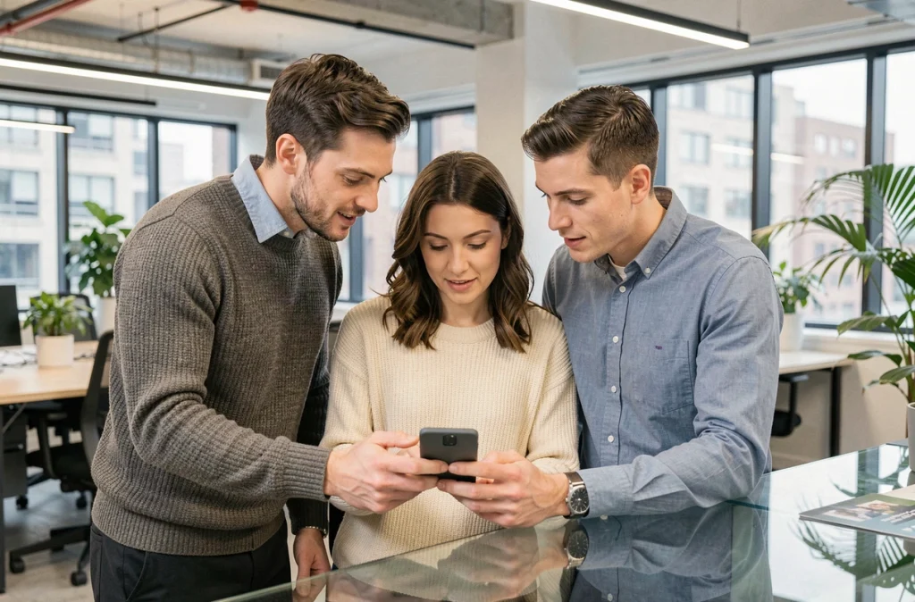 Groupe de collègues dans un bureau moderne regardant ensemble un smartphone affichant Monopoly GO en anticipant l'accès au statut magnat