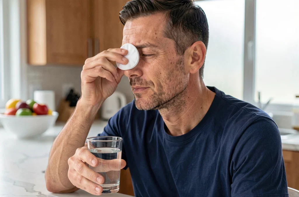 Homme appliquant une compresse froide sur l'œil pour soulager la fatigue oculaire dans une cuisine moderne