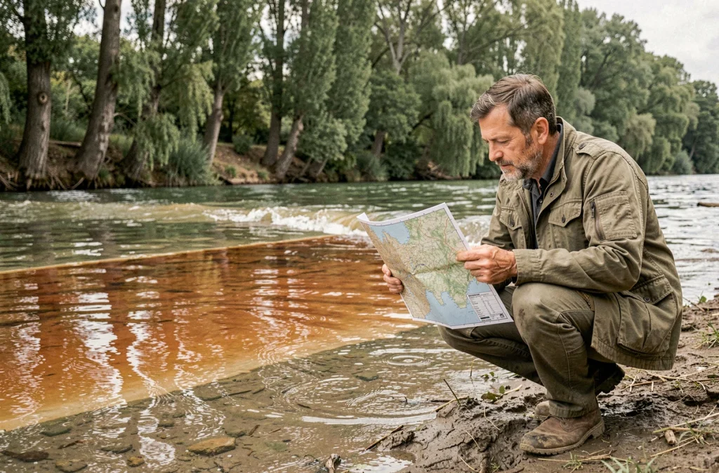 Confluent d'un affluent majeur du Danube avec géographe examinant une carte topographique sur la berge boueuse